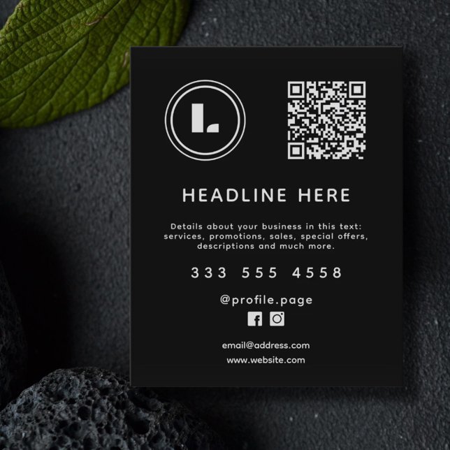 Logo und QR-Code schwarzes Minimalistisches Design Flyer (Von Creator hochgeladen)