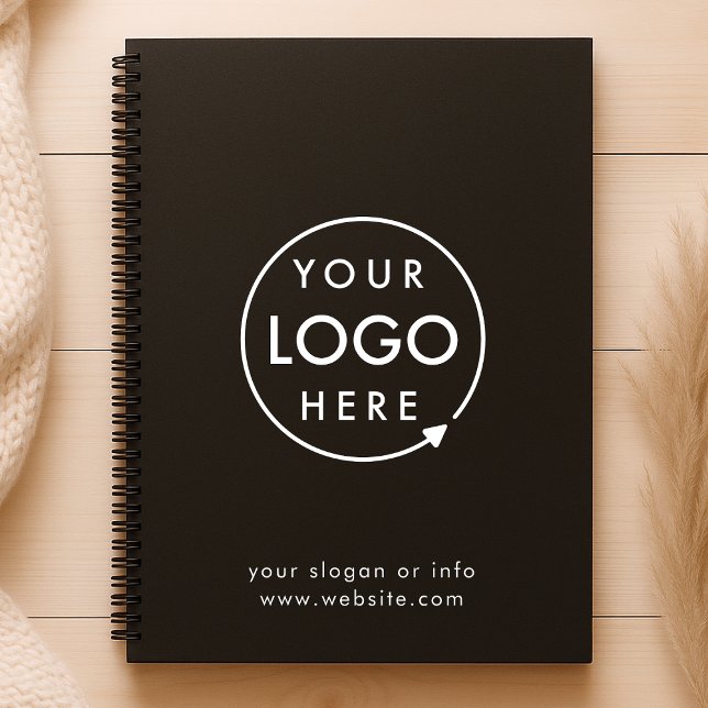 Logo | Unternehmen Minimalistisch Notizbuch (Sleek black company branded spiral notebook for small business meeting note taking & office records.)