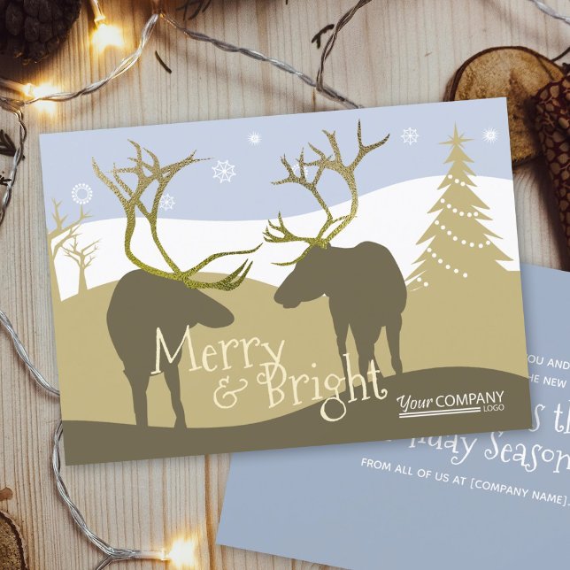 Logo von Light Blue, Beige Rentier Antlers Company Einladung (rustic light blue beige gold reindeer forest company logo employee holiday Christmas greeting cards)