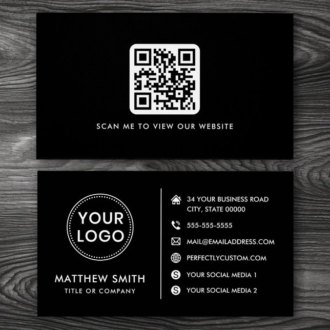 Logo Website Social Media QR schwarze Visitenkarte (Professional black business cards with custom logo and QR code template)