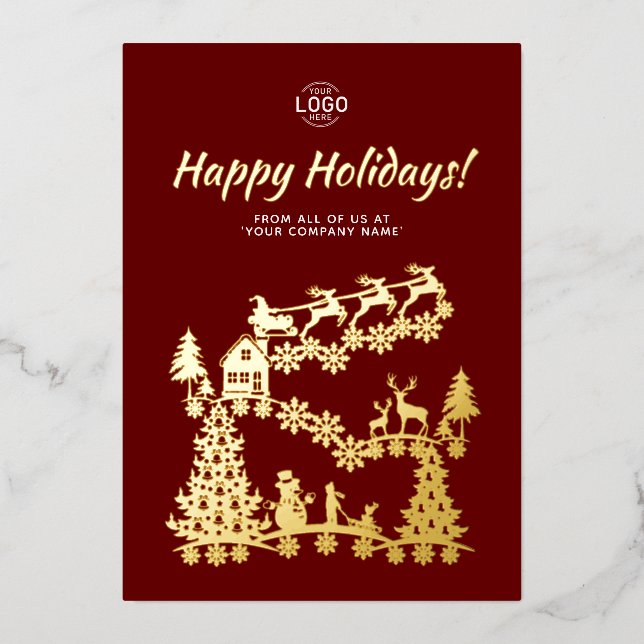 Logo Weihnachtszene Gold Burgundy Weihnachtskarte Folieneinladung (Vorderseite)