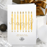 Logo-Yellow Candles Business Happy Birthday hinzuf Karte<br><div class="desc">Personalisieren Sie diese stilvolle Visitenkarte online und wünschen Sie Ihren Kunden, Mitarbeitern und Geschäftspartnern einen guten Geburtstag mit dieser eleganten, modernen, hochmodernen Geburtstagskarte, mit hochglanzgelben Wasserfarbkerzen mit Imitaten, goldenen Flammen und teilweise handgeschriebenem Text Geburtstag auf weißem Hintergrund. Bitte beachten Sie, dass das Gold in diesem Design ein flacher Farbdruck ist...</div>