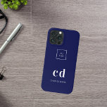 Logonavy-blaue Monogramm-Initialen iPhone 16 Hülle<br><div class="desc">Navy blauer Hintergrund und weißer Text. Personalisieren und hinzufügen Sie Ihr Unternehmen,  Firmenlogo,  Monogramm Initialen und Namen.</div>