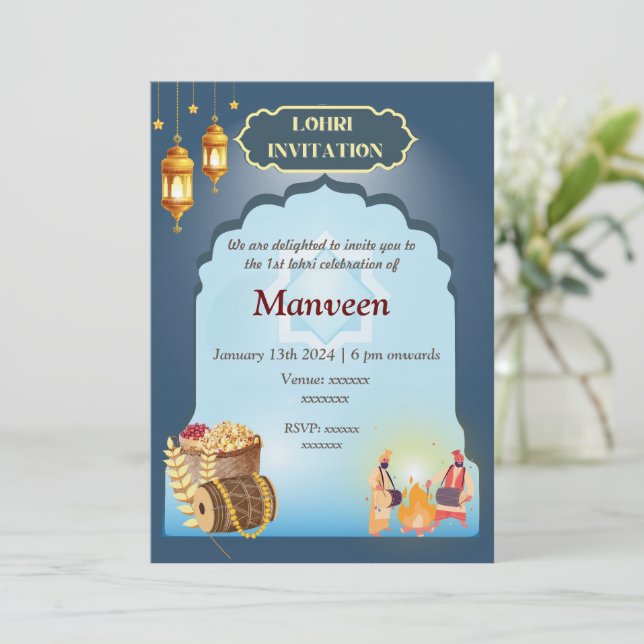 Lohri Einladung Grau und Blau (Stehend Vorderseite)