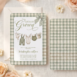 Lokal angebaute Gingham-Wäscheleine-Baby-Party-Ein Einladung