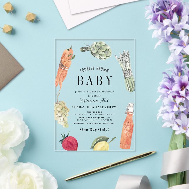 Lokal gezüchtete Baby Bauern Market Baby Shower Acryleinladungen (In Situ (Hochzeit))