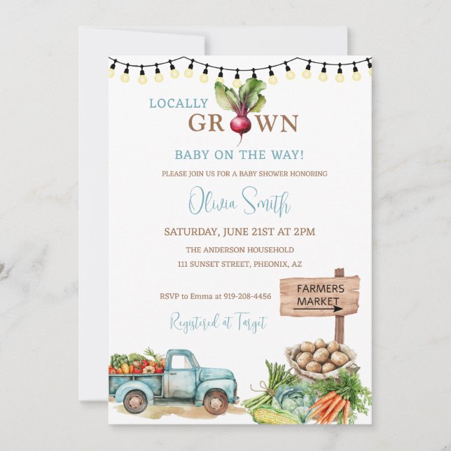 Lokal gezüchtete Bauern Market Baby Shower Einladung (Vorderseite)