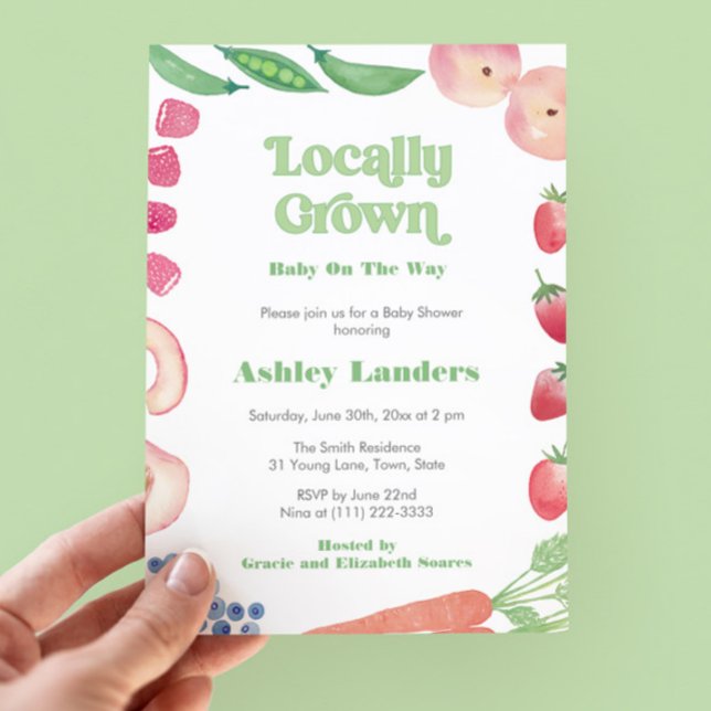Lokal gezüchtete Bauern Market Baby Shower Einladung (Fresh and colorful original watercolor Locally Grown Gender Neutral Baby Shower party invitation)