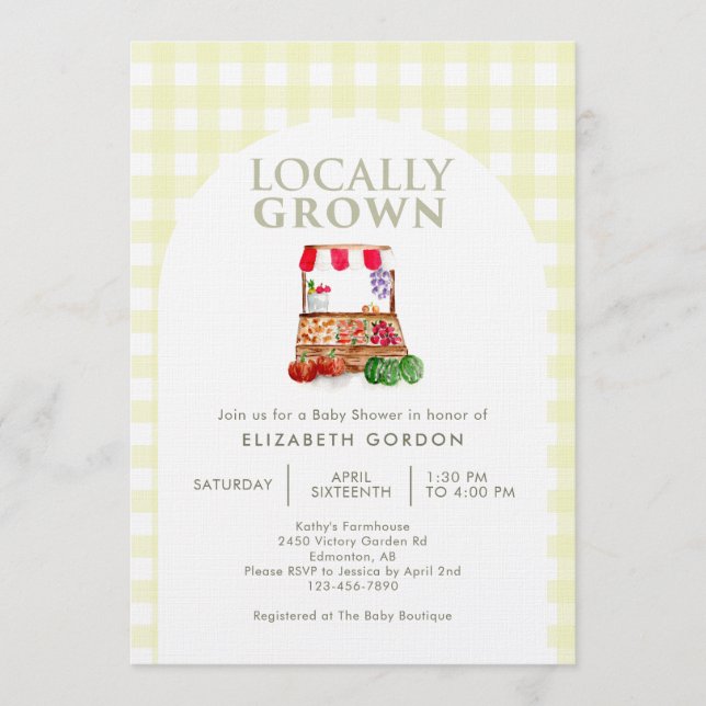 Lokale Babyparty im Landmarkt mit Gingham-Muster Einladung (Vorderseite)