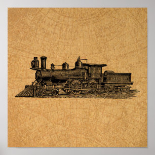 Lokomotivzug Vintager Dampfzug Motor & Kartenstil Poster