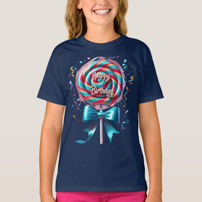 Lollipop mit einem türkisfarbenen Bow und Streamer T-Shirt (Vorderseite)