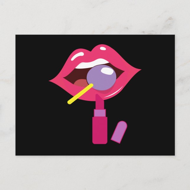 Lollipop rote Lippen. Girly Lippenstift-Süßigkeite Postkarte (Vorderseite)