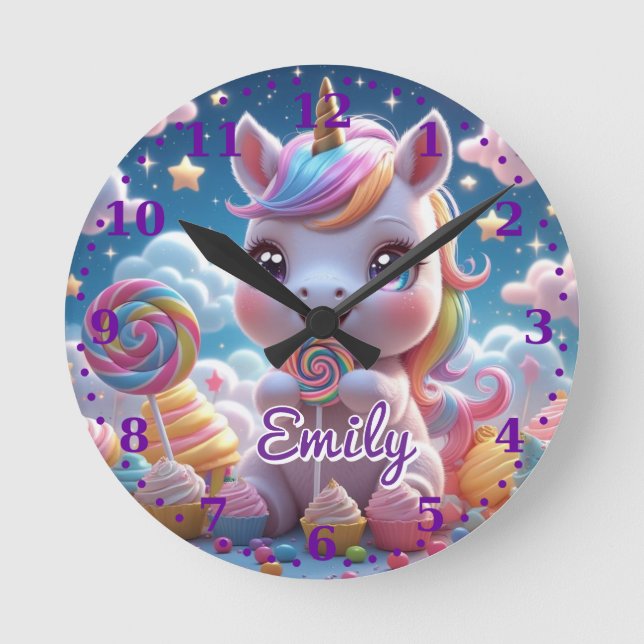 Lollipop Unicorn Wall Clock - bearbeitbarer Name Runde Wanduhr (Vorderseite)