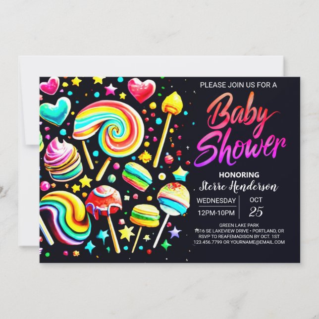 Lollipop Wonderland Colorful Baby Dusche Einladung (Vorderseite)