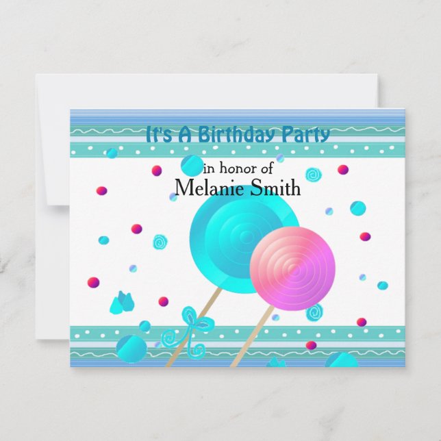 Lollipops und Süßigkeiten zum Geburtstag Einladung (Vorderseite)