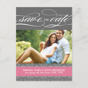 Lolly Pink und Gray Damask Save the Date Ankündigungspostkarte