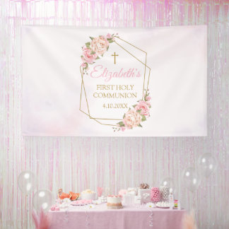 Lona Geometric Pink Floral Communion Backdrop Banner