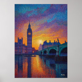 London Big Ben Pointillism Skyline Sunset Art Poster