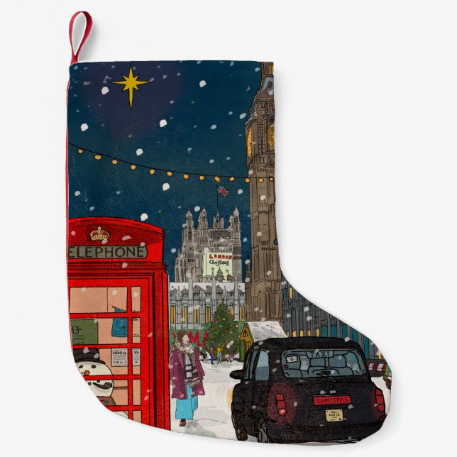 London Christmas Night Cityscape Retro inspiriert Kleiner Weihnachtsstrumpf (Vorderseite)