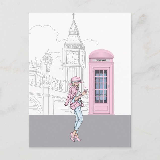 London City Girl mit rosa Telefonbox Postkarte (Vorderseite)