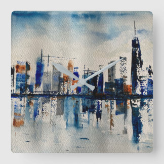 London City Skyline Abstrakt Painting Poster Postc Quadratische Wanduhr