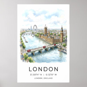 London Cityscape-Druck Wasserfarbe Thames, roter B Poster