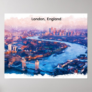 London England Aquarell Luftbild Stadtlandschaft Poster