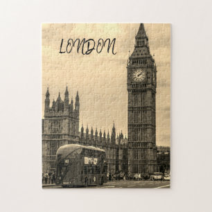 London England Big Ben Retro Schwarz Weiß Roter Bu