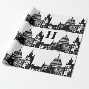London England Elegant Schwarz-weiß Monogram Geschenkpapier