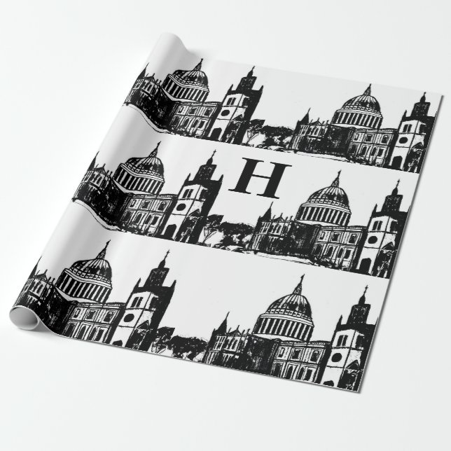 London England Elegant Schwarz-weiß Monogram Geschenkpapier (Ungerollt)