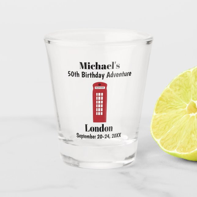 London England Red Phone Booth Birthday Trip Favor Schnapsglas (Vorderseite)