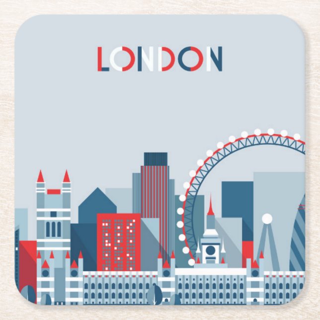 London, England | rote, weiße und blaue Skyline Rechteckiger Pappuntersetzer (Vorderseite)