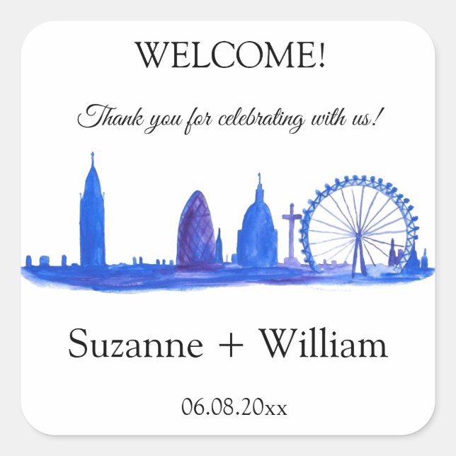 London England Skyline Blue Favorits Weddings Quadratischer Aufkleber (Vorderseite)