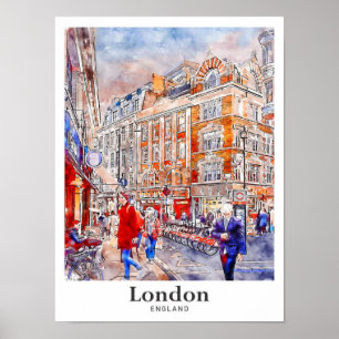 London England Travel Watercolor Hand Drawn Poster