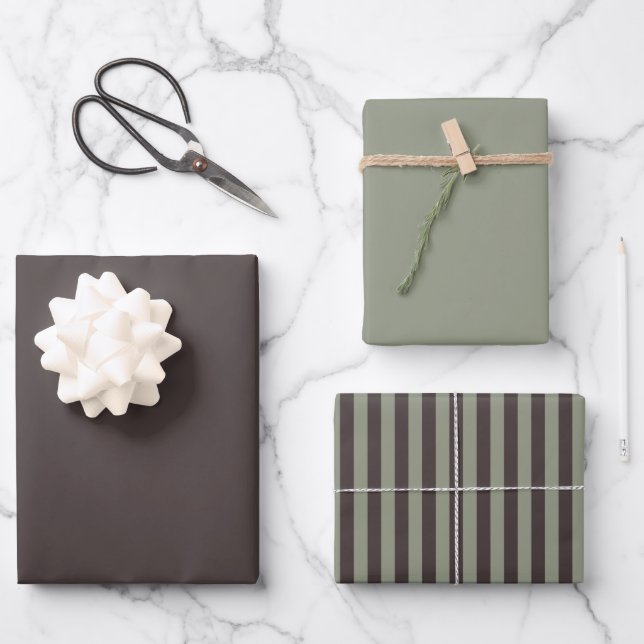 London Hillside Green Dark Masala Brown Streifen Geschenkpapier Set (Vorderseite)