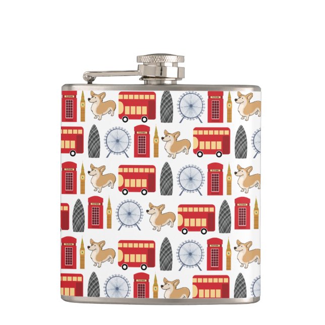 London Icon und Corgi Collage Pattern Flachmann (Vorderseite)
