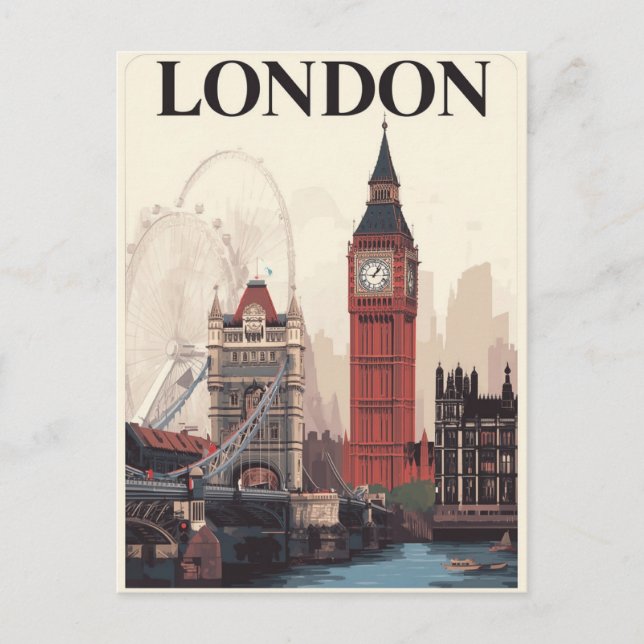 London Iconi Sehenswürdigkeiten Retro Art Postkarte (Vorderseite)