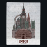 London in den Wolken Rot und Grün Puzzle<br><div class="desc">London in Wolken Rot und Grün von Fab Funky. Die Sehenswürdigkeiten Londons sind in einem dunkelroten und grünen Farbschema gehalten.</div>