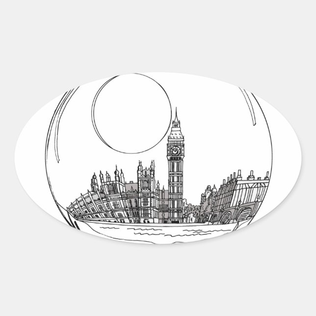 London in einer Glaskugel. Ovaler Aufkleber (Vorderseite)