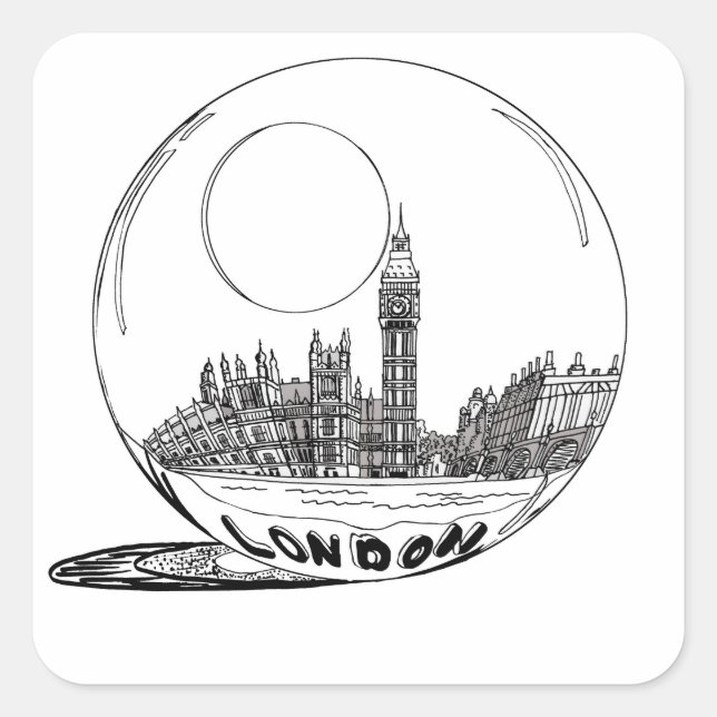 London in einer Glaskugel. Quadratischer Aufkleber (Vorderseite)