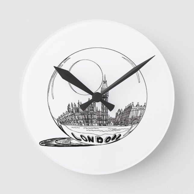 London in einer Glaskugel. Runde Wanduhr (Vorderseite)