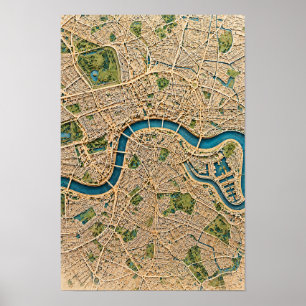 London Luftbild Stadtplan und Themse Fluss Wandkun Poster