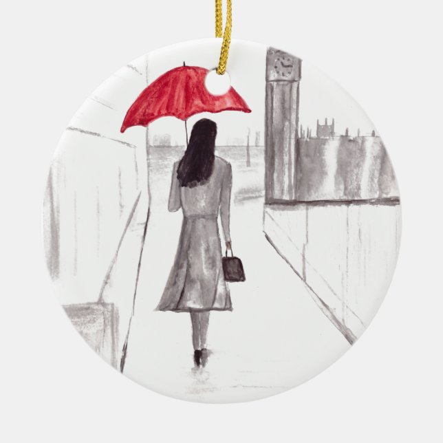 London Mädchen mit rotem Schirm Keramikornament (Vorne)
