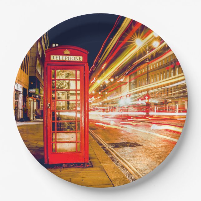 London nachts mit britischer roter Telefonzelle Pappteller (Vorderseite)