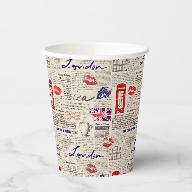 London Newspaper Pattern Pappbecher (Links)