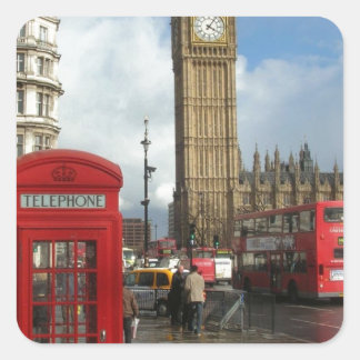 London Phone Box & Big Ben (St.K. Quadratischer Aufkleber
