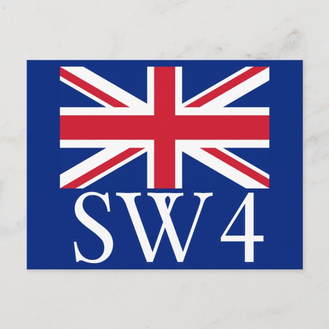 London Postcode SW4 mit Union Jack Postkarte (Vorderseite)
