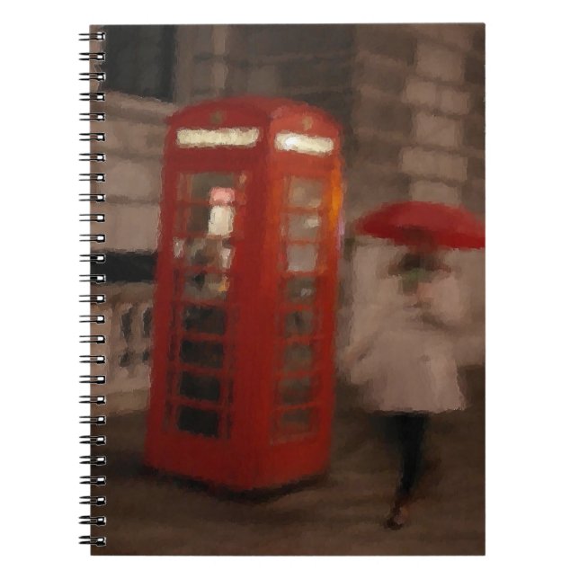 London Rainy Day Red Phone Box / Umbrett Notebook Notizblock (Vorderseite)