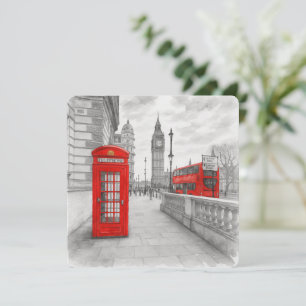 London Red Phone Booth & Bus Watercolor Karte