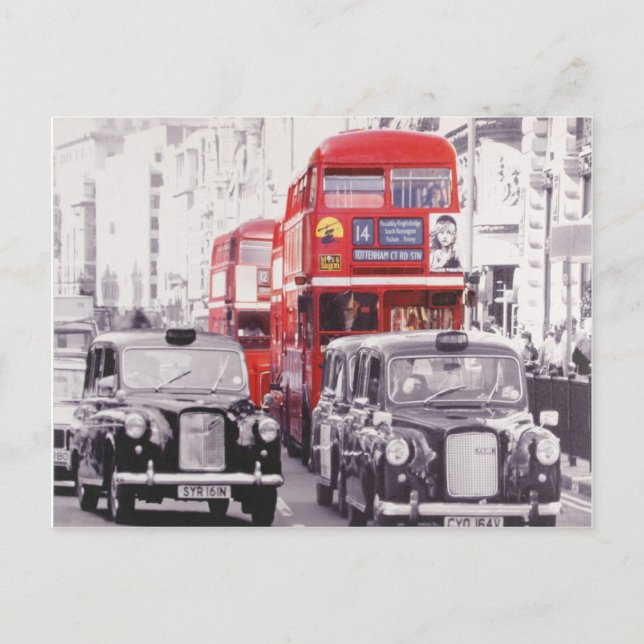 London, rote Busse und schwarze Kabinen Postkarte (Vorderseite)